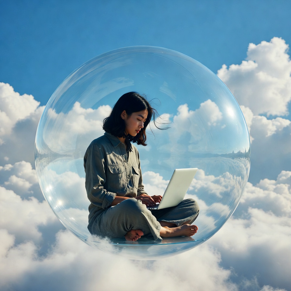Asian woman working on laptop in sky bubble Asian woman working on laptop in sky bubble