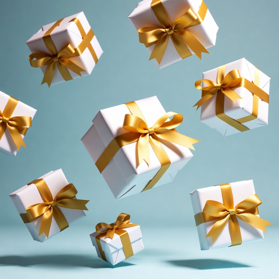 Floating White Gift Boxes with Gold Ribbons Floating White Gift Boxes with Gold Ribbons