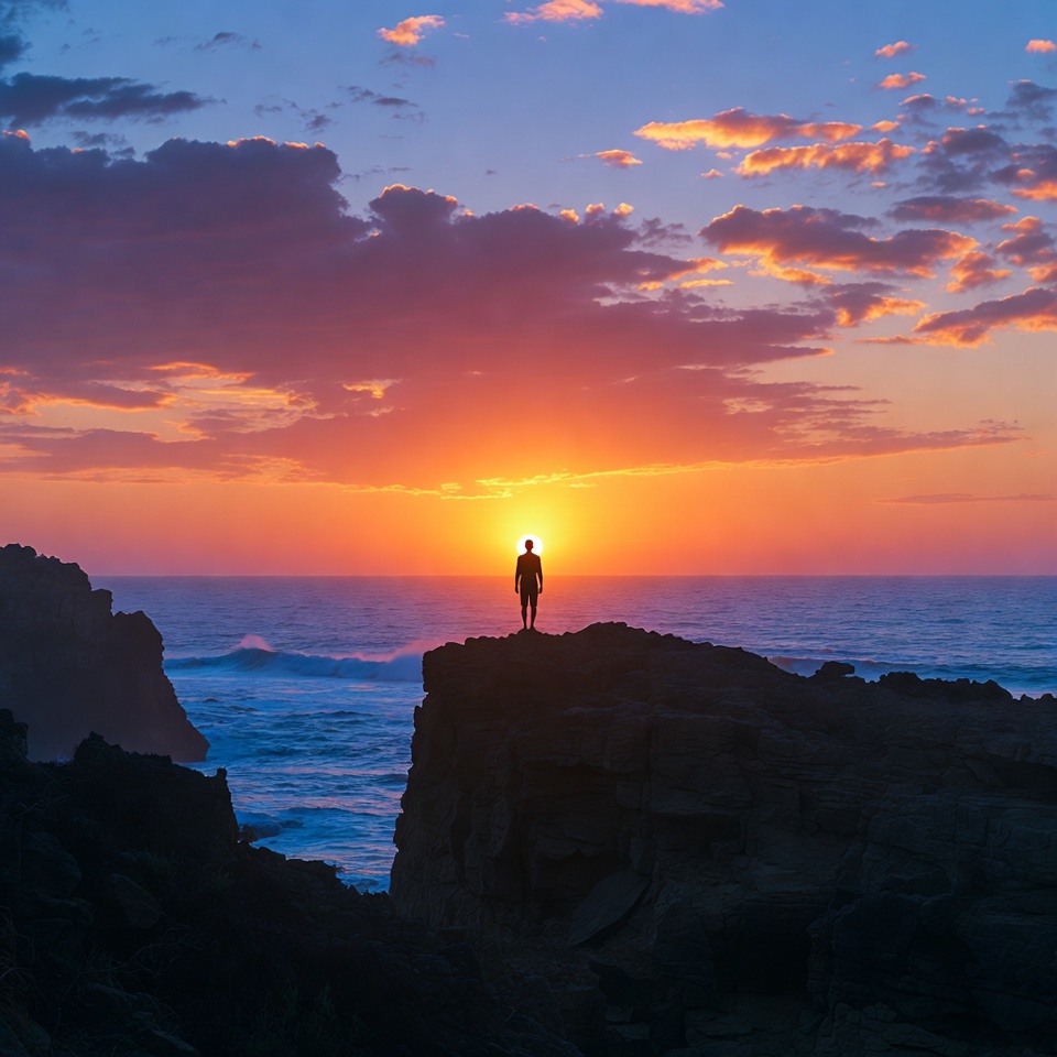 Silhouette on cliff at sunset ocean Silhouette on cliff at sunset ocean