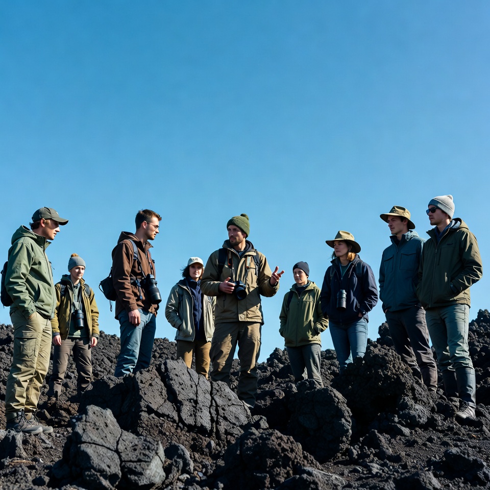 Group hikers on volcanic lava field Group hikers on volcanic lava field