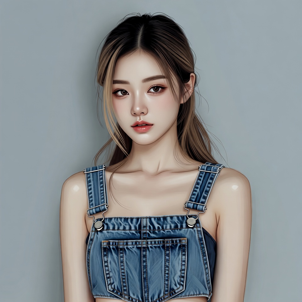 Asian woman in denim overalls Asian woman in denim overalls