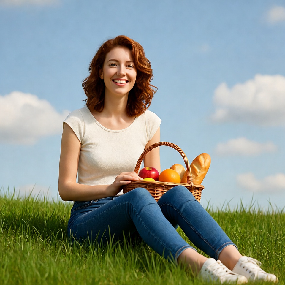 Redhead woman with fruit basket on grass Redhead woman with fruit basket on grass