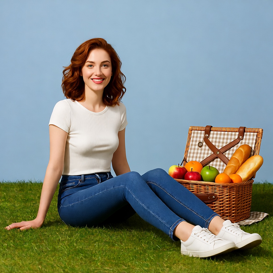 Smiling redhead woman with picnic basket Smiling redhead woman with picnic basket