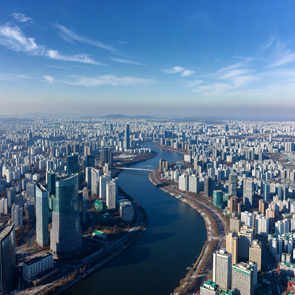 Aerial View of City Skyline with River Aerial View of City Skyline with River