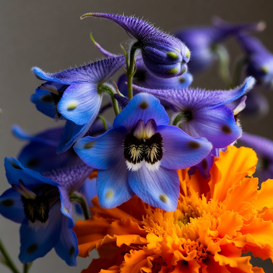 Blue Delphinium and Orange Marigold Flowers Blue Delphinium and Orange Marigold Flowers