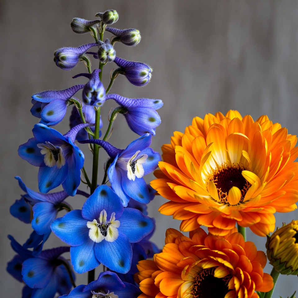 Blue Delphinium and Orange Gerbera Flowers Blue Delphinium and Orange Gerbera Flowers