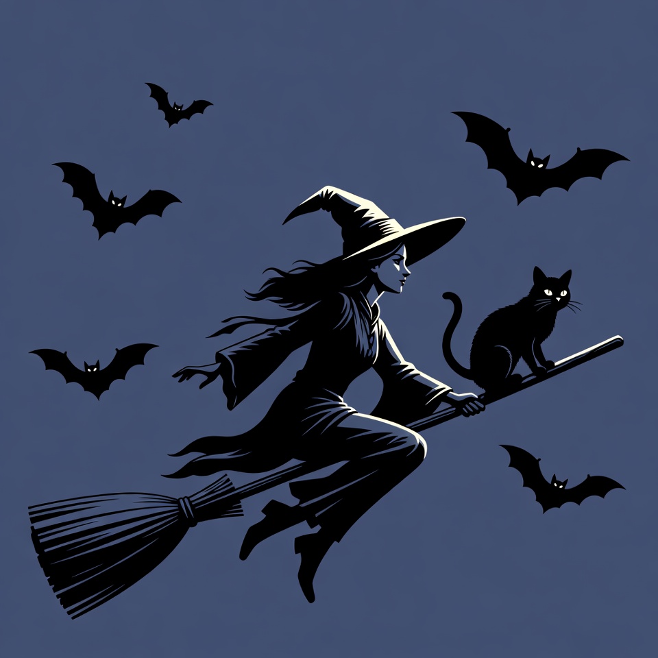 Witch Flying on Broomstick with Cat Witch Flying on Broomstick with Cat