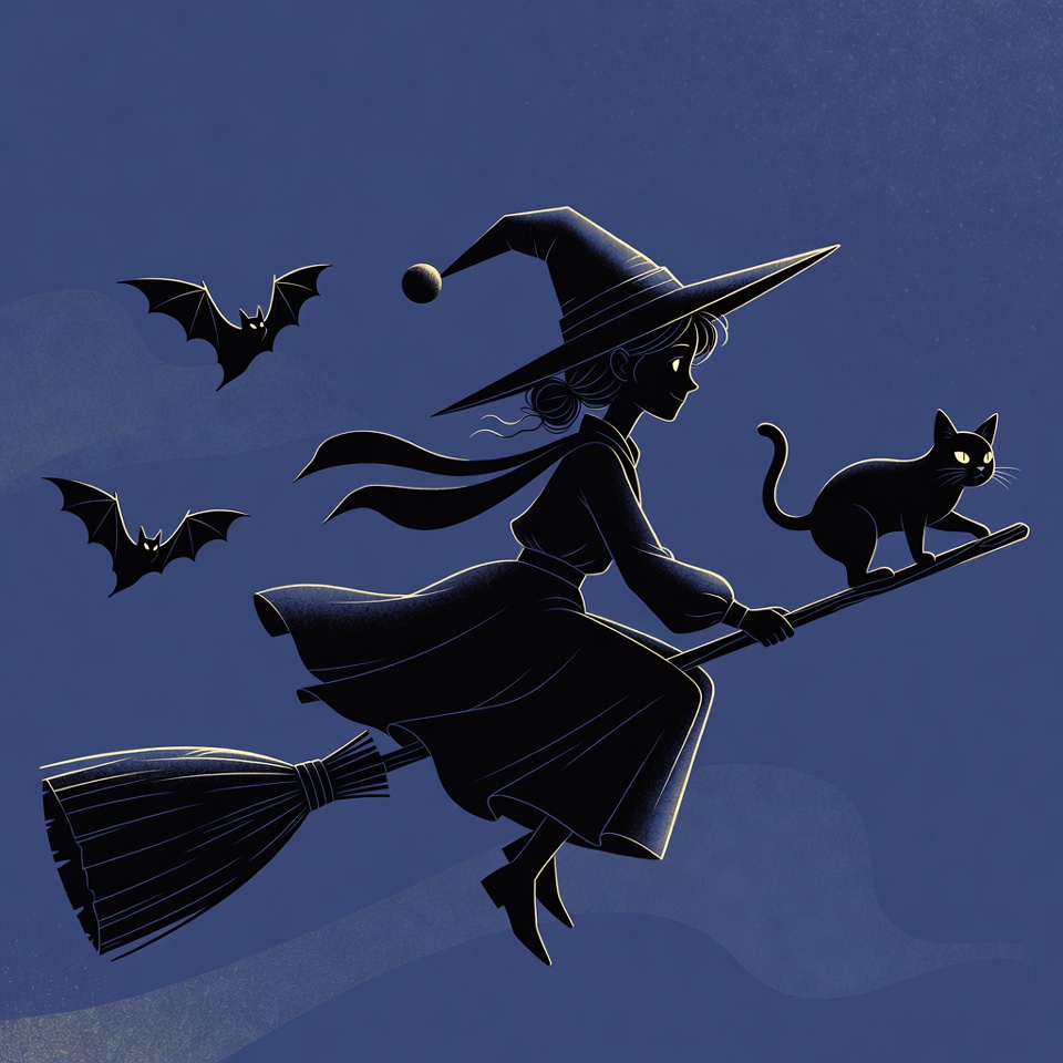 Witch flying on broomstick with cat Witch flying on broomstick with cat