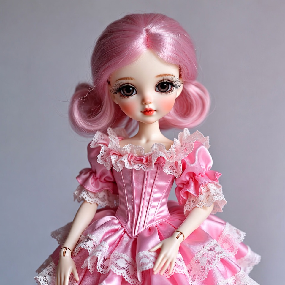 Pink-haired BJD doll in frilly dress Pink-haired BJD doll in frilly dress
