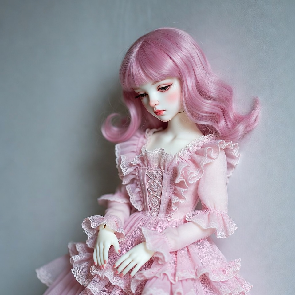 Pink-haired ball-jointed doll in frilly dress Pink-haired ball-jointed doll in frilly dress