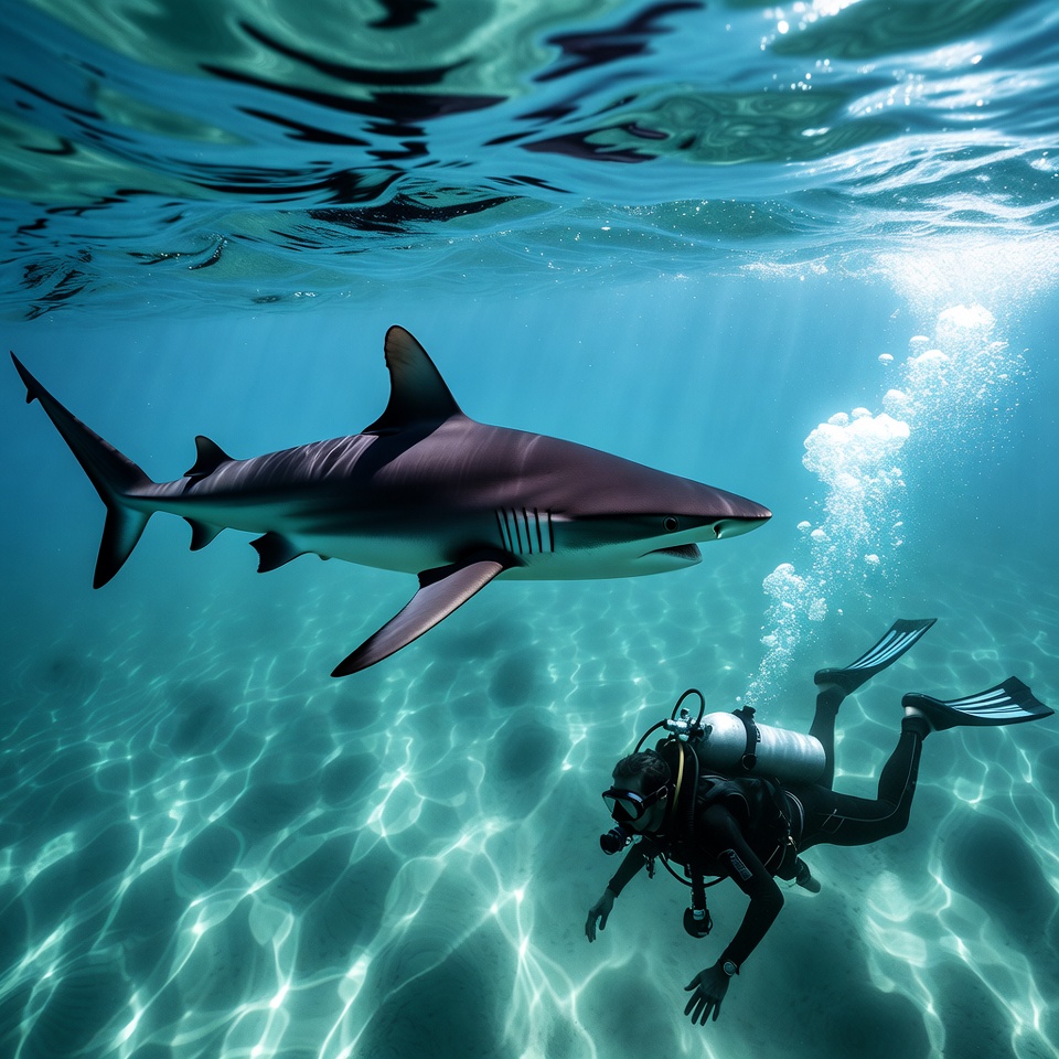 Diver Swimming with Blacktip Shark Underwater Diver Swimming with Blacktip Shark Underwater