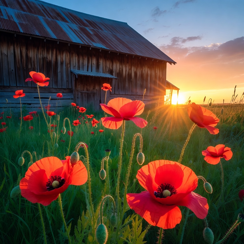 Red Poppies by Old Barn at Sunset Red Poppies by Old Barn at Sunset