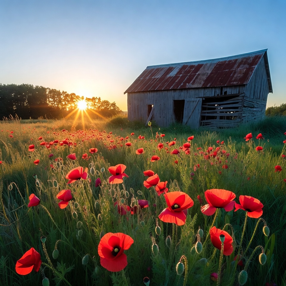 Red Poppy Field with Old Barn at Sunset Red Poppy Field with Old Barn at Sunset