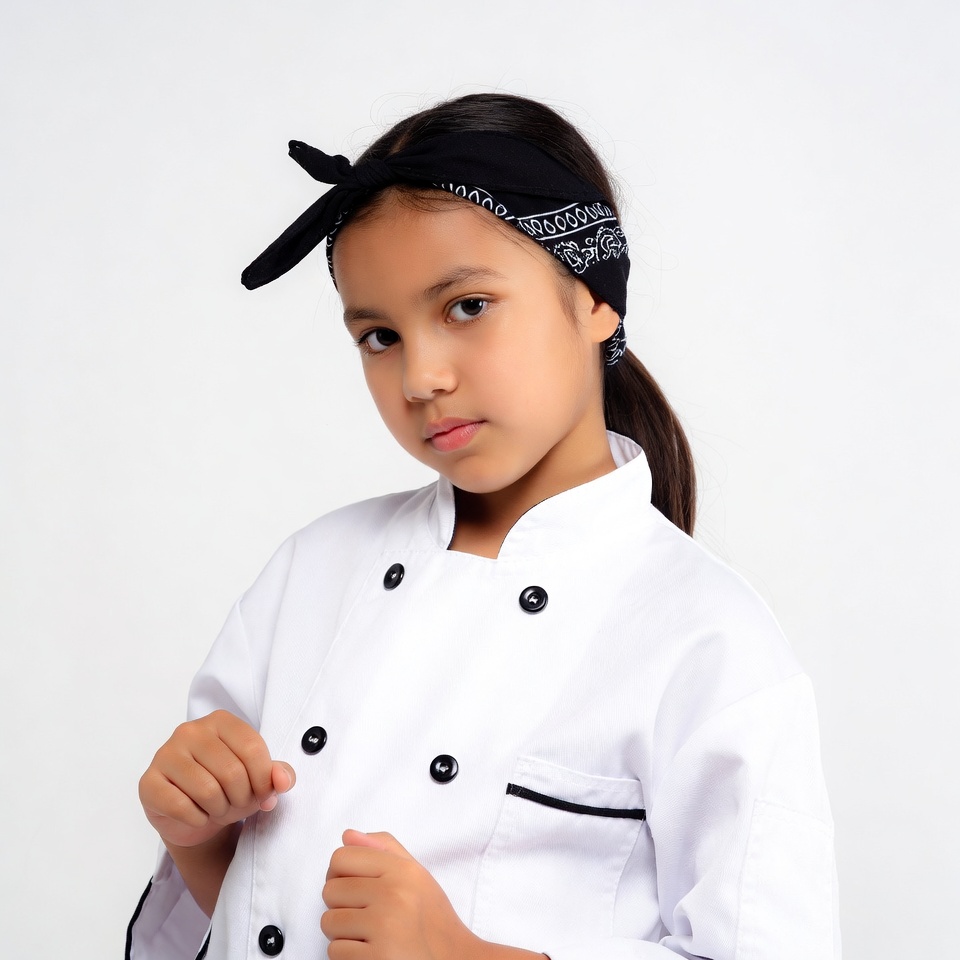 Girl in chef uniform with bandana Girl in chef uniform with bandana