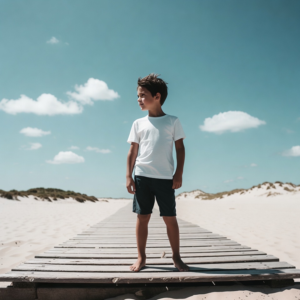 Boy standing on beach boardwalk Boy standing on beach boardwalk