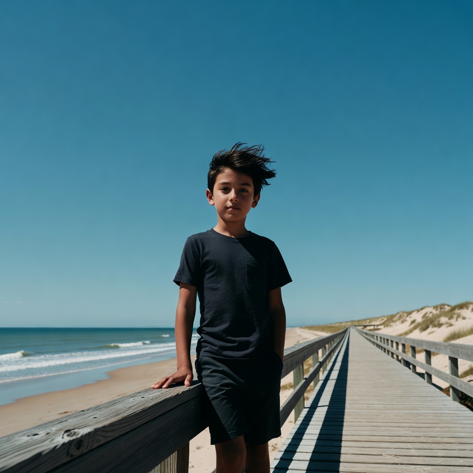 Boy leaning on beach boardwalk railing Boy leaning on beach boardwalk railing