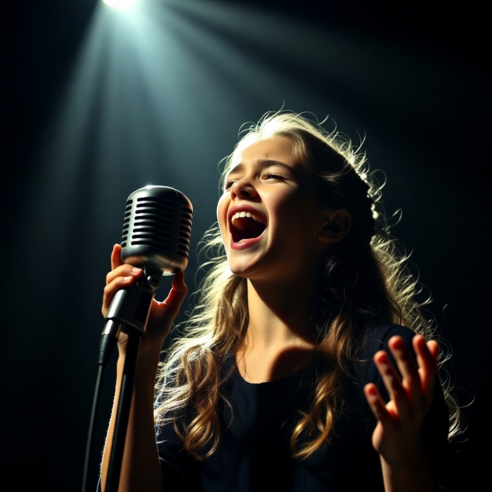 Girl singing into microphone on stage Girl singing into microphone on stage