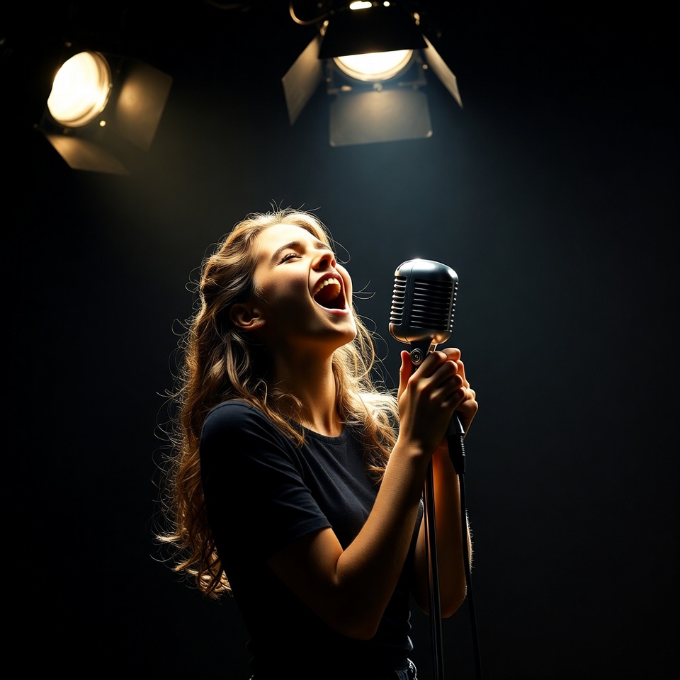 Woman singing into vintage microphone Woman singing into vintage microphone