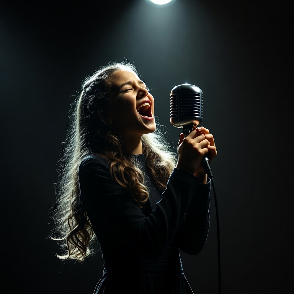 Girl singing into vintage microphone Girl singing into vintage microphone