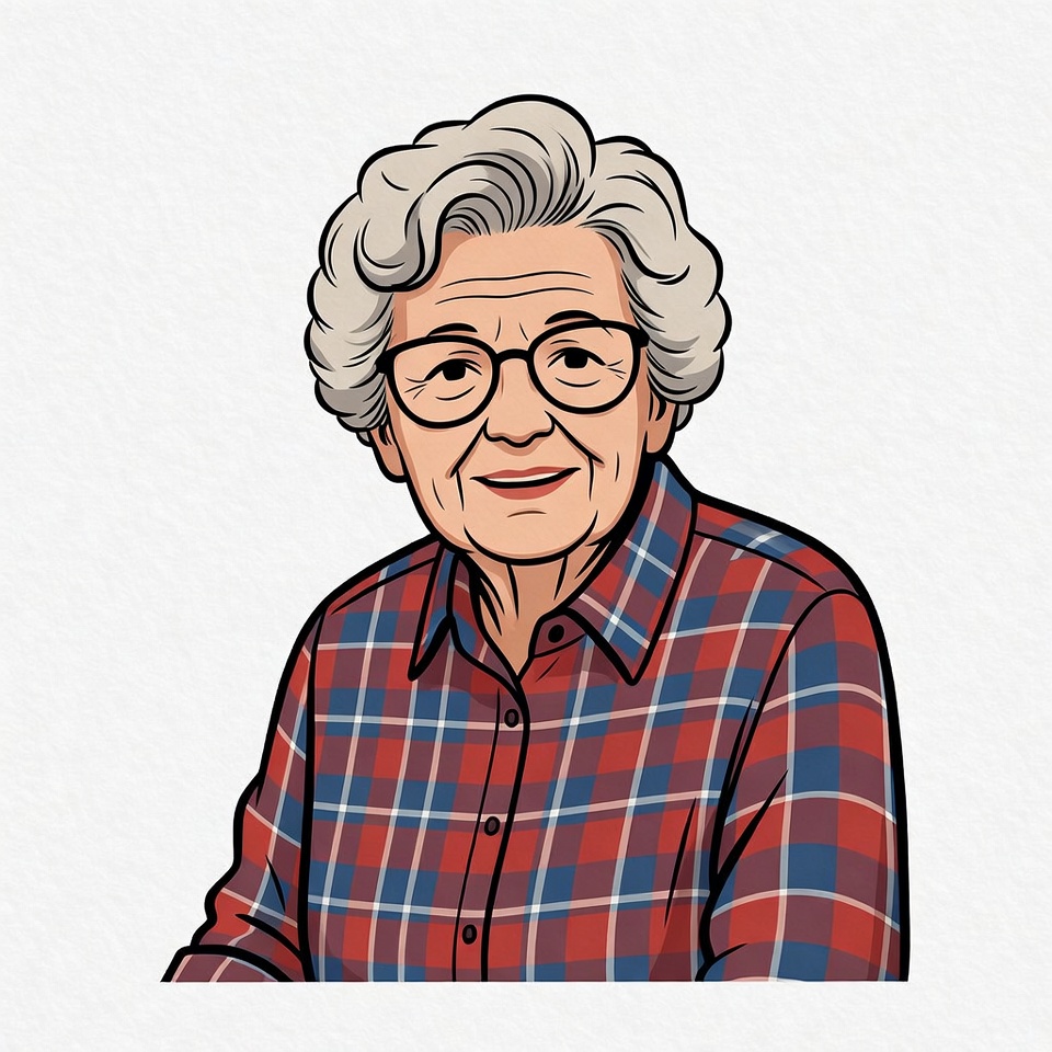 Elderly woman smiling in plaid shirt Elderly woman smiling in plaid shirt