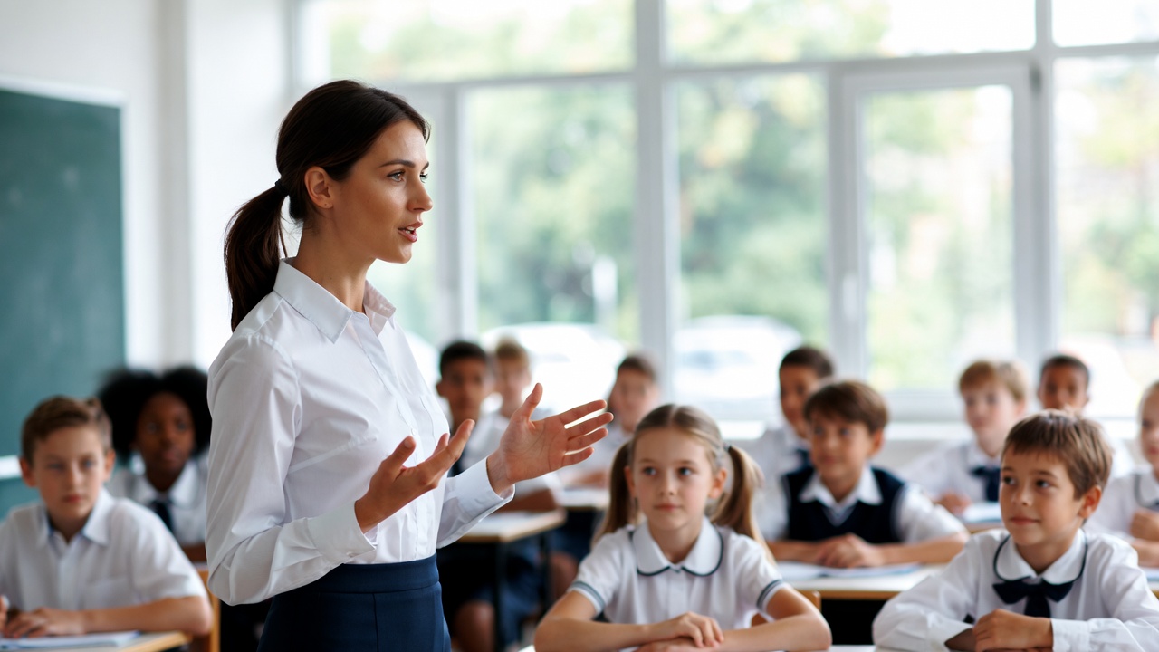 Teacher teaching diverse students in classroom Teacher teaching diverse students in classroom