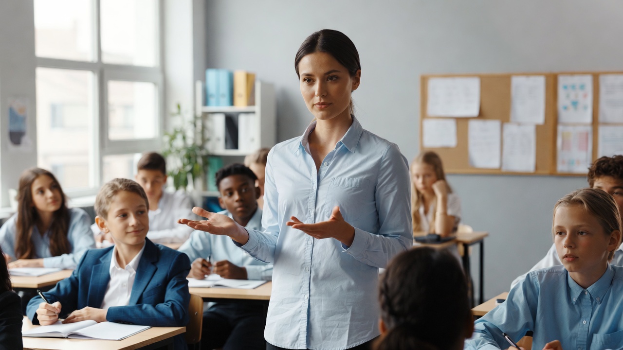 Teacher instructing diverse students in classroom Teacher instructing diverse students in classroom