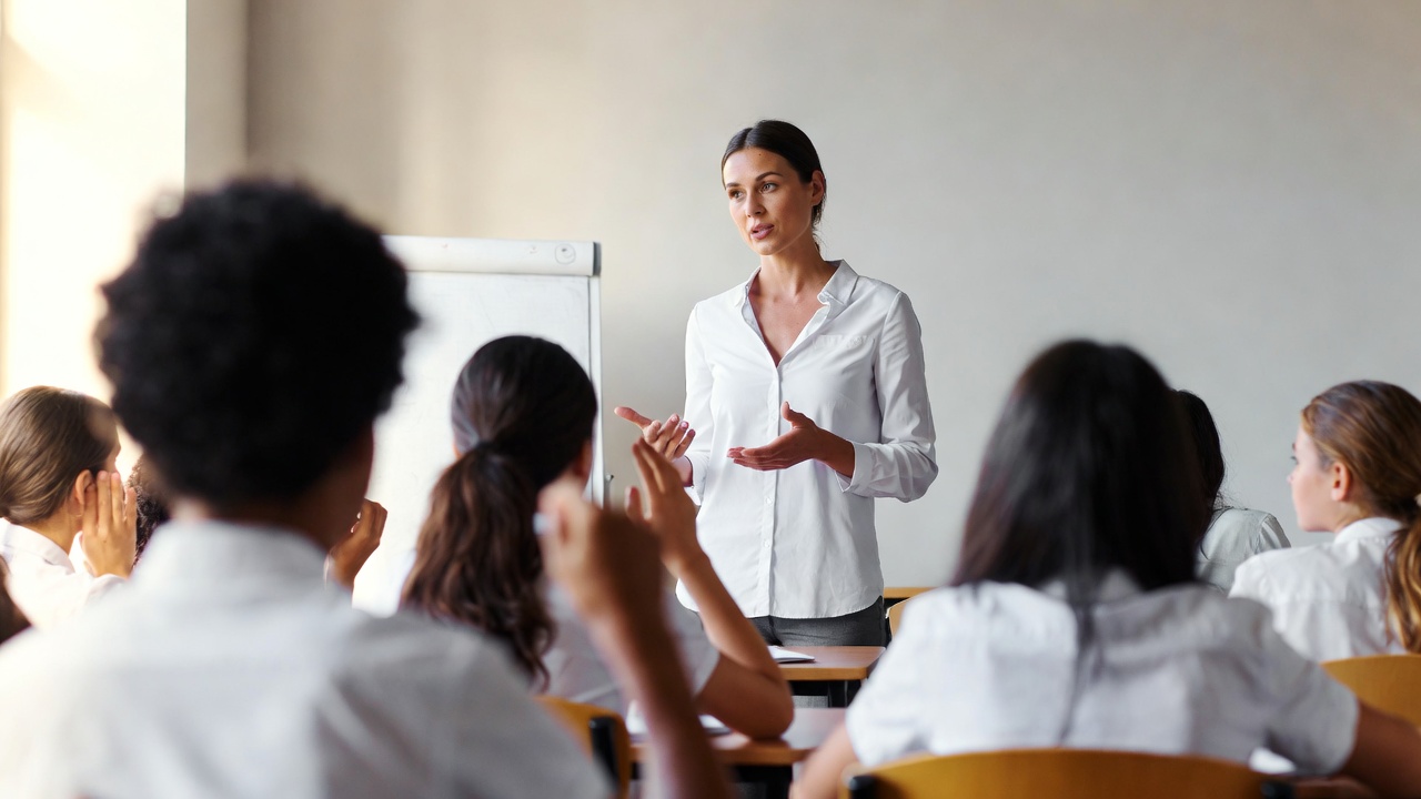 Teacher lecturing diverse students in classroom Teacher lecturing diverse students in classroom