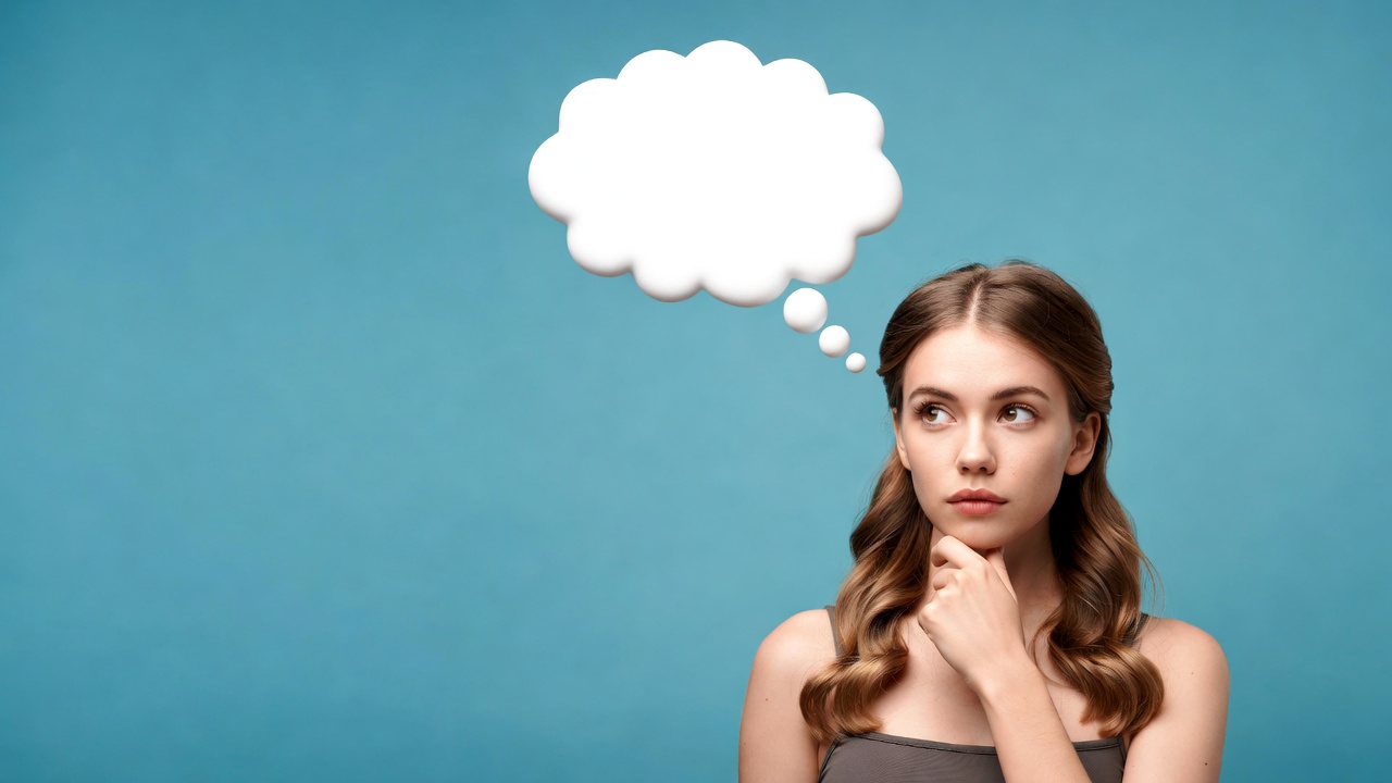 Woman thinking with empty speech bubble Woman thinking with empty speech bubble