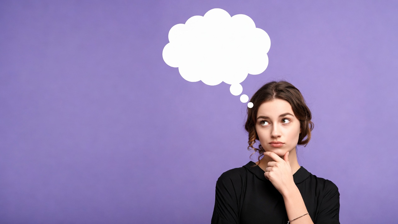 Woman thinking with empty speech bubble Woman thinking with empty speech bubble
