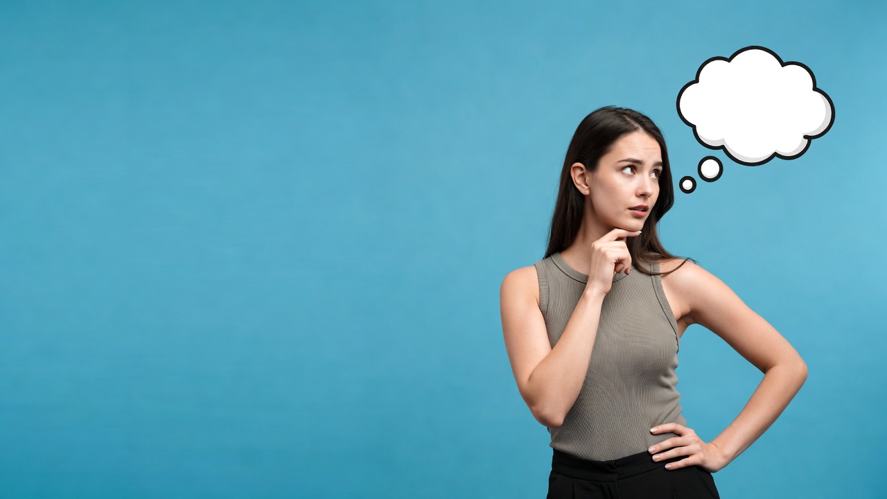 Woman thinking with thought bubble Woman thinking with thought bubble