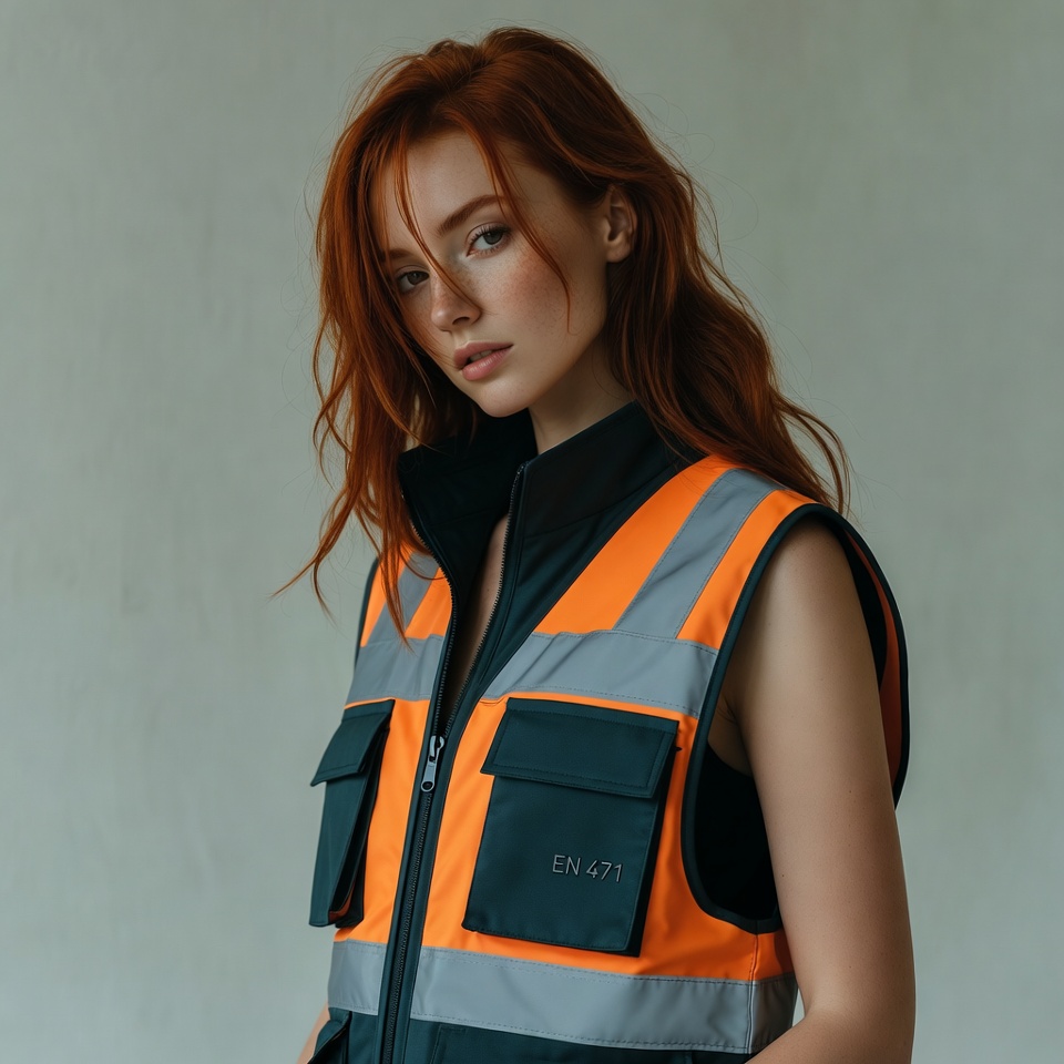 Redhead woman in orange safety vest Redhead woman in orange safety vest