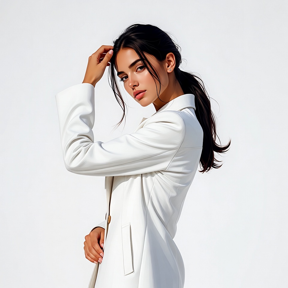 Woman in white blazer touching hair Woman in white blazer touching hair