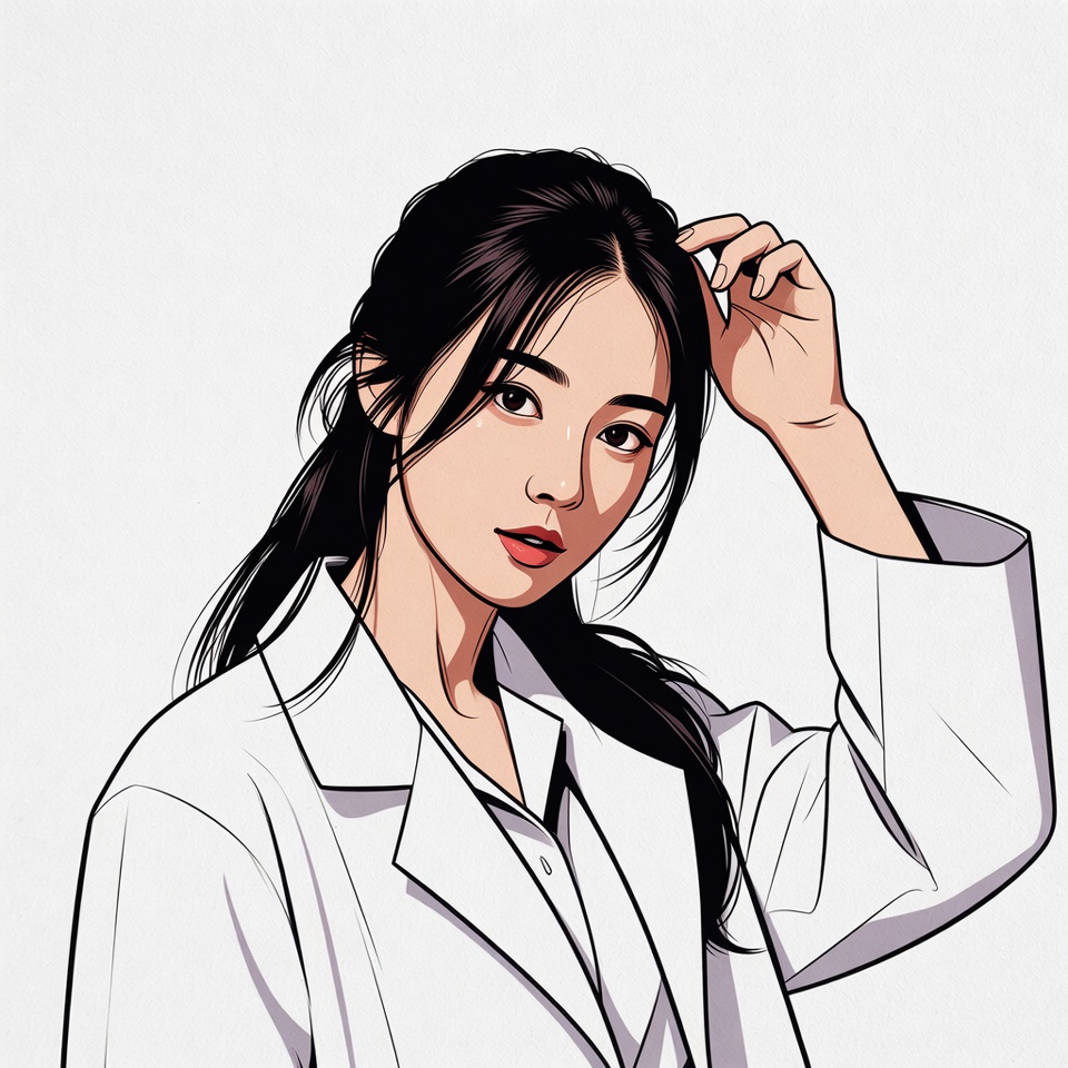 Asian woman touching hair in white blazer Asian woman touching hair in white blazer