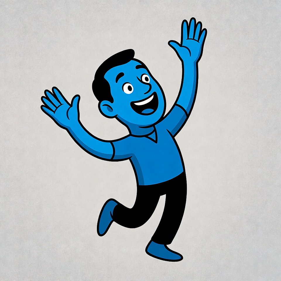 Excited blue cartoon man raising arms Excited blue cartoon man raising arms