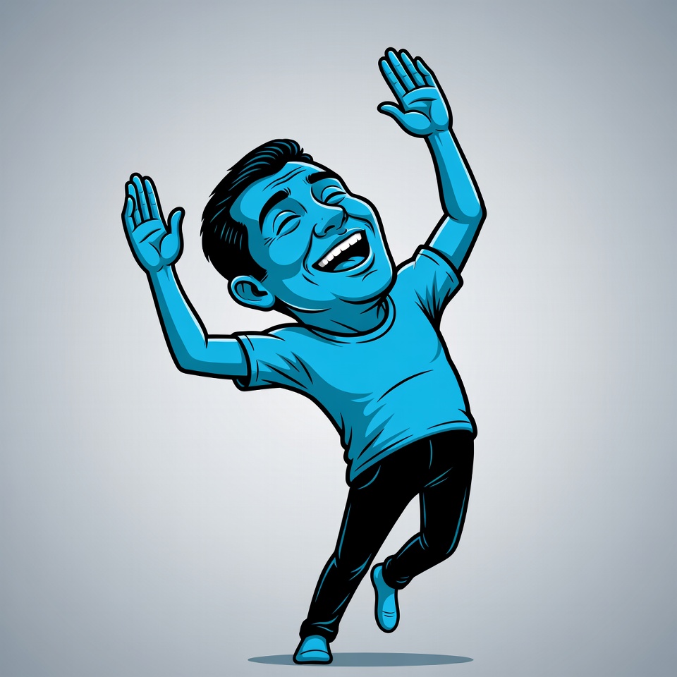 Cartoon man laughing with raised arms Cartoon man laughing with raised arms