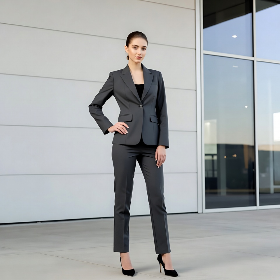 Woman in gray suit by glass building Woman in gray suit by glass building