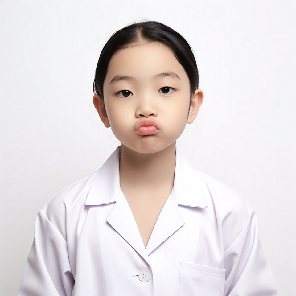 Asian girl pouting in white lab coat Asian girl pouting in white lab coat