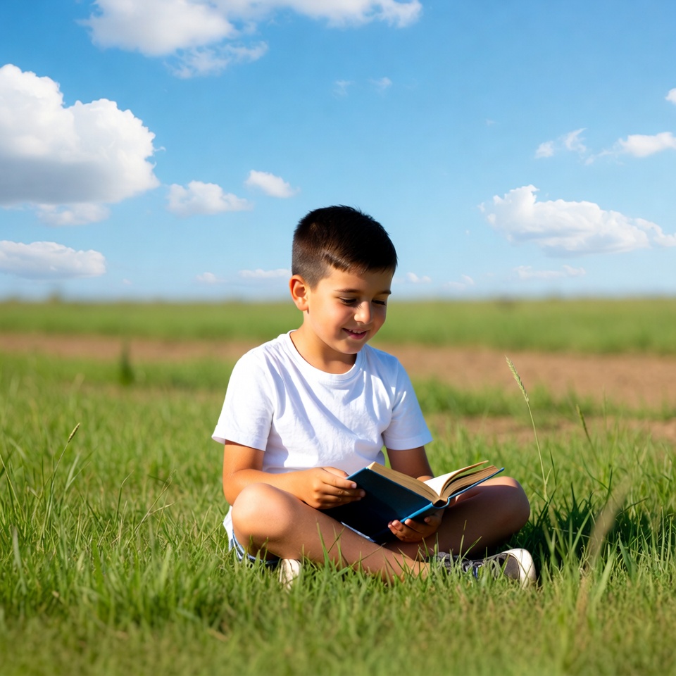 Boy reading book in green field Boy reading book in green field
