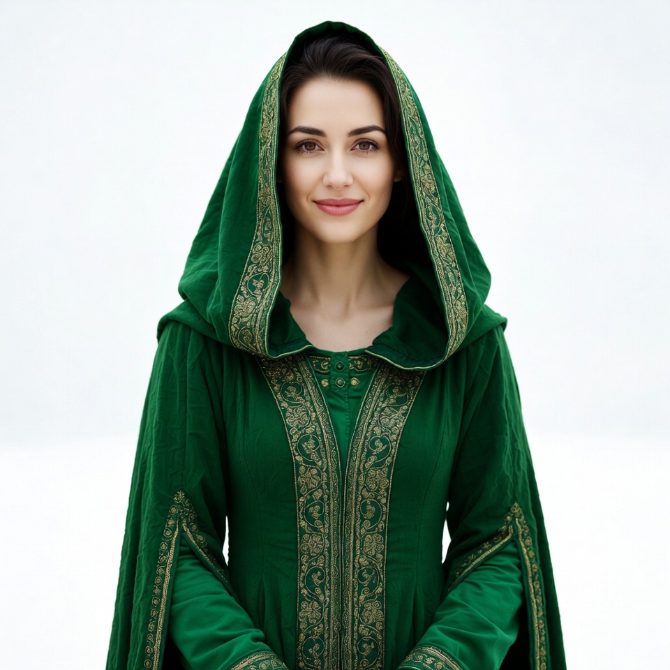 Woman in green hooded medieval gown Woman in green hooded medieval gown