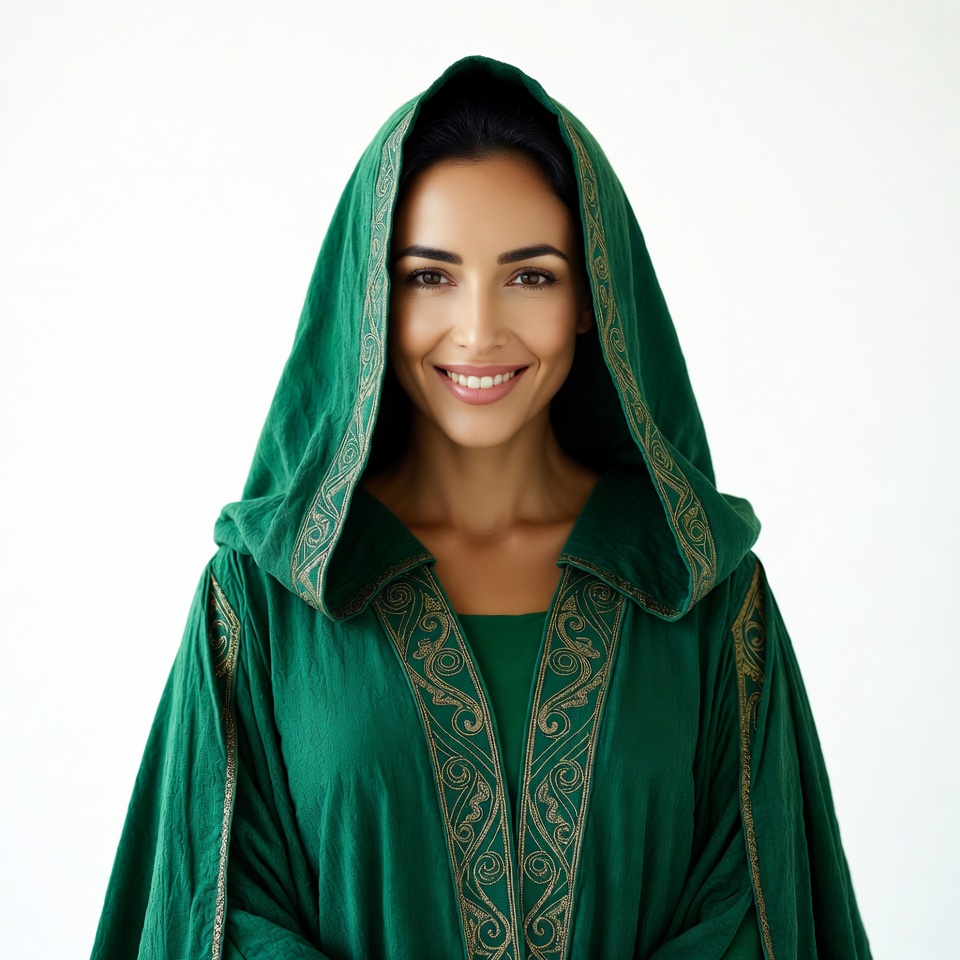 Woman in green hooded robe Woman in green hooded robe
