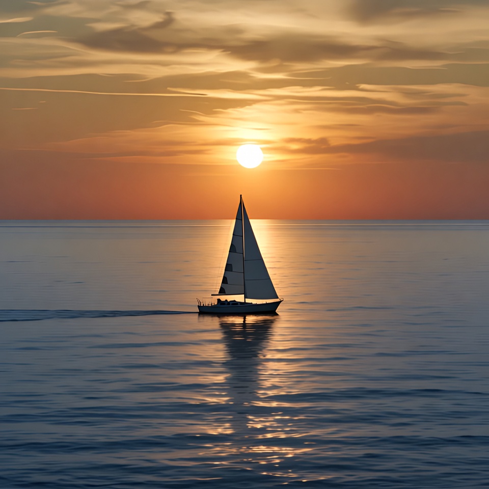 Sailboat at Sunset on Calm Sea Sailboat at Sunset on Calm Sea