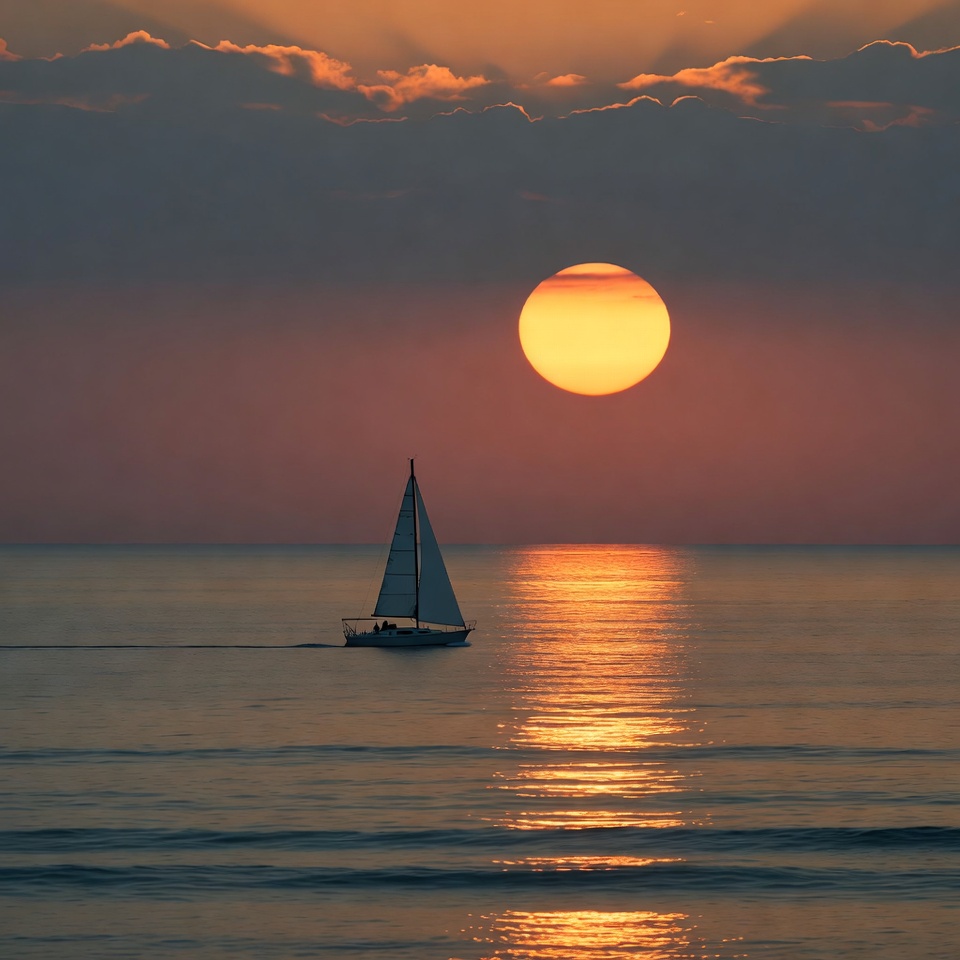 Sailboat at Sunset over Calm Sea Sailboat at Sunset over Calm Sea