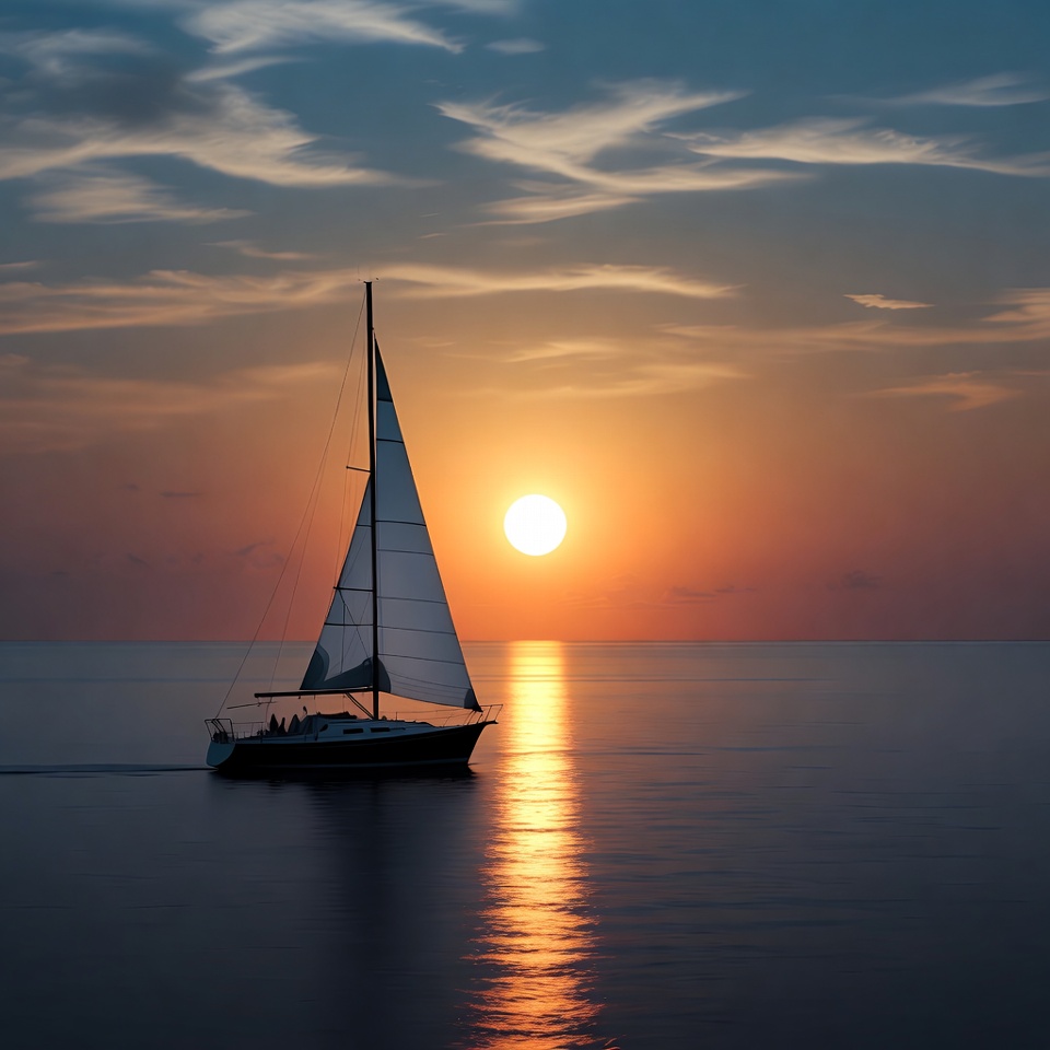 Sailboat on calm sea at sunset Sailboat on calm sea at sunset
