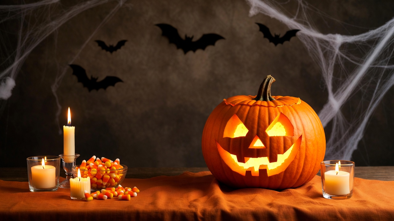 Lit Jack-o-Lantern with Candles and Candy Lit Jack-o-Lantern with Candles and Candy