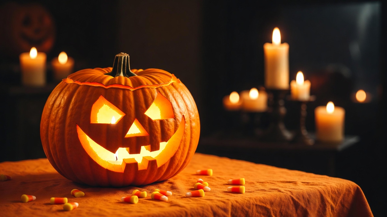 Lit Jack-o'-lantern on Candy Table Lit Jack-o'-lantern on Candy Table