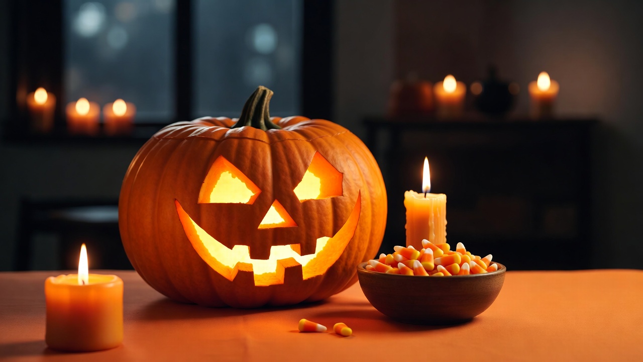 Lit Jack-o-Lantern with Candy Corn Lit Jack-o-Lantern with Candy Corn