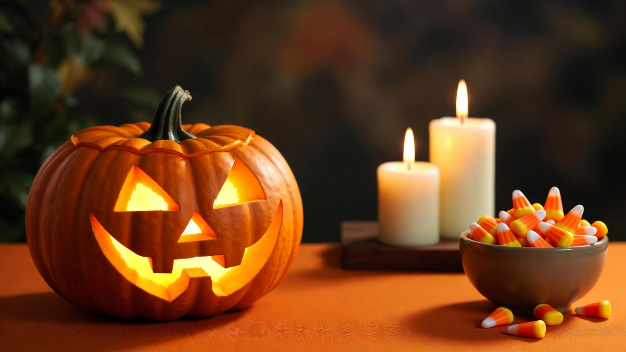 Lit Jack-o-Lantern with Candles and Candy Corn Lit Jack-o-Lantern with Candles and Candy Corn