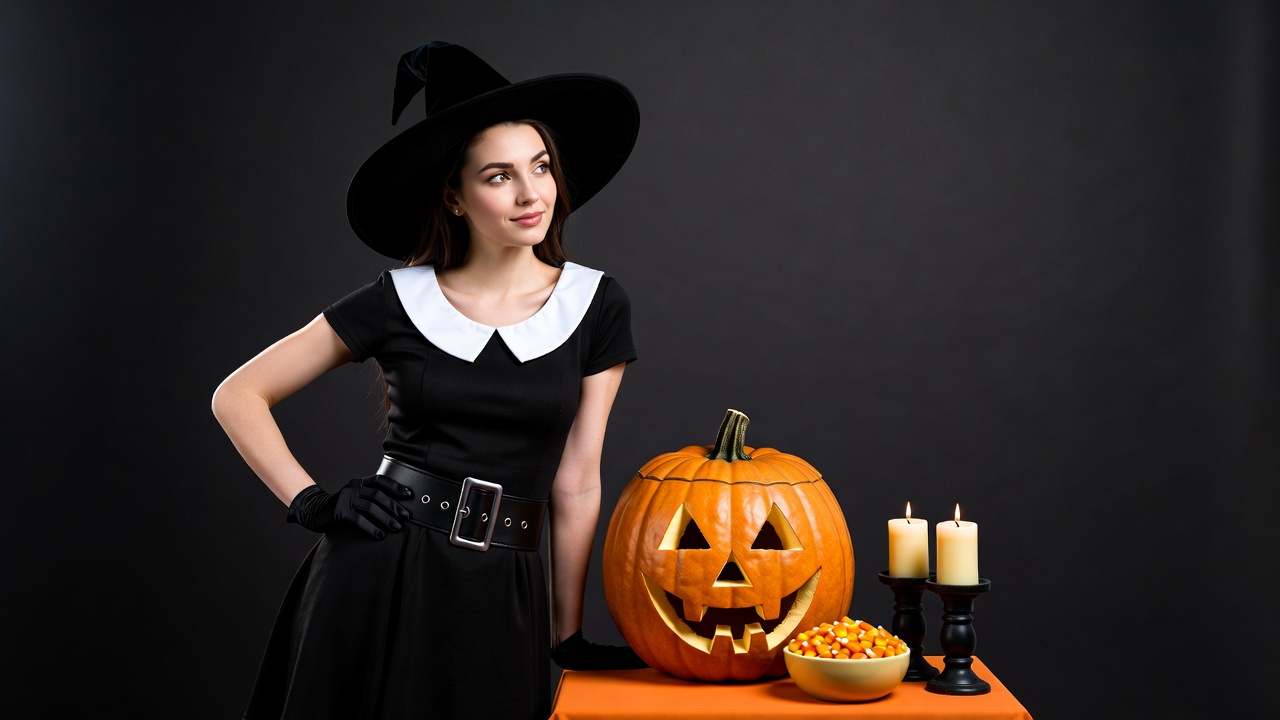 Woman in witch costume with pumpkin Woman in witch costume with pumpkin