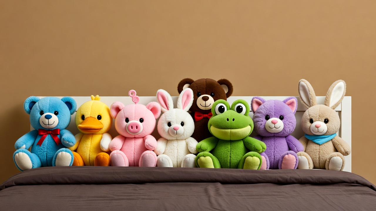 Colorful stuffed animals on bed Colorful stuffed animals on bed