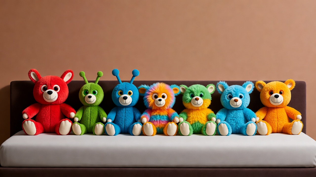 Colorful plush stuffed animals on bench Colorful plush stuffed animals on bench